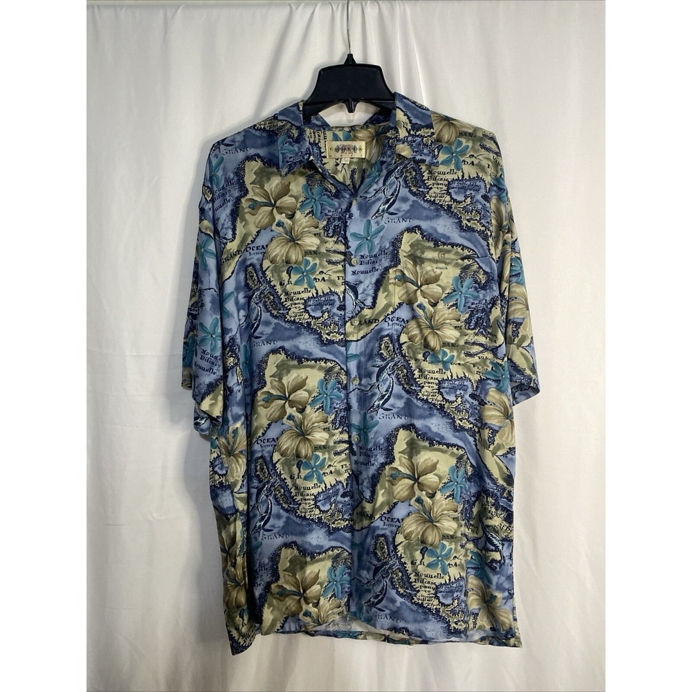 Campia Moda Button Down Shirt Mens L Blue Tropical Map Hibiscus Exc Short Sleeve